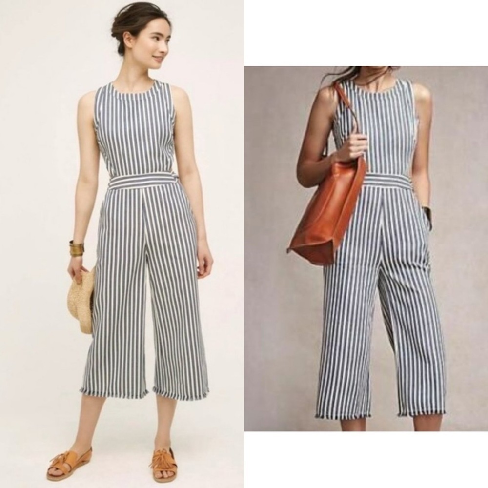 Anthropologie Joa Sailor Striped Cropped Wide
Leg Jumpsuit Blue White preppy L